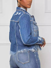 Casual Fringe Button Ripped Denim Jacket