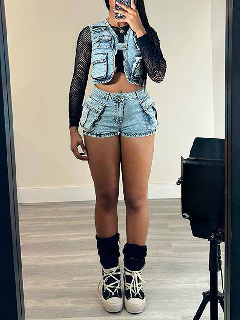 Multi-pocket Denim Waistcoat Shorts Set