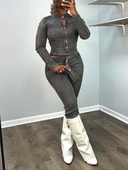 Elastic Denim Crop Jacket And Jeans Casual Set