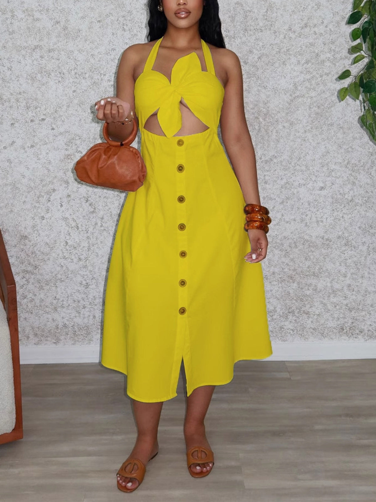 Elegant Knot Halter Lace-Up Hollow out Dress