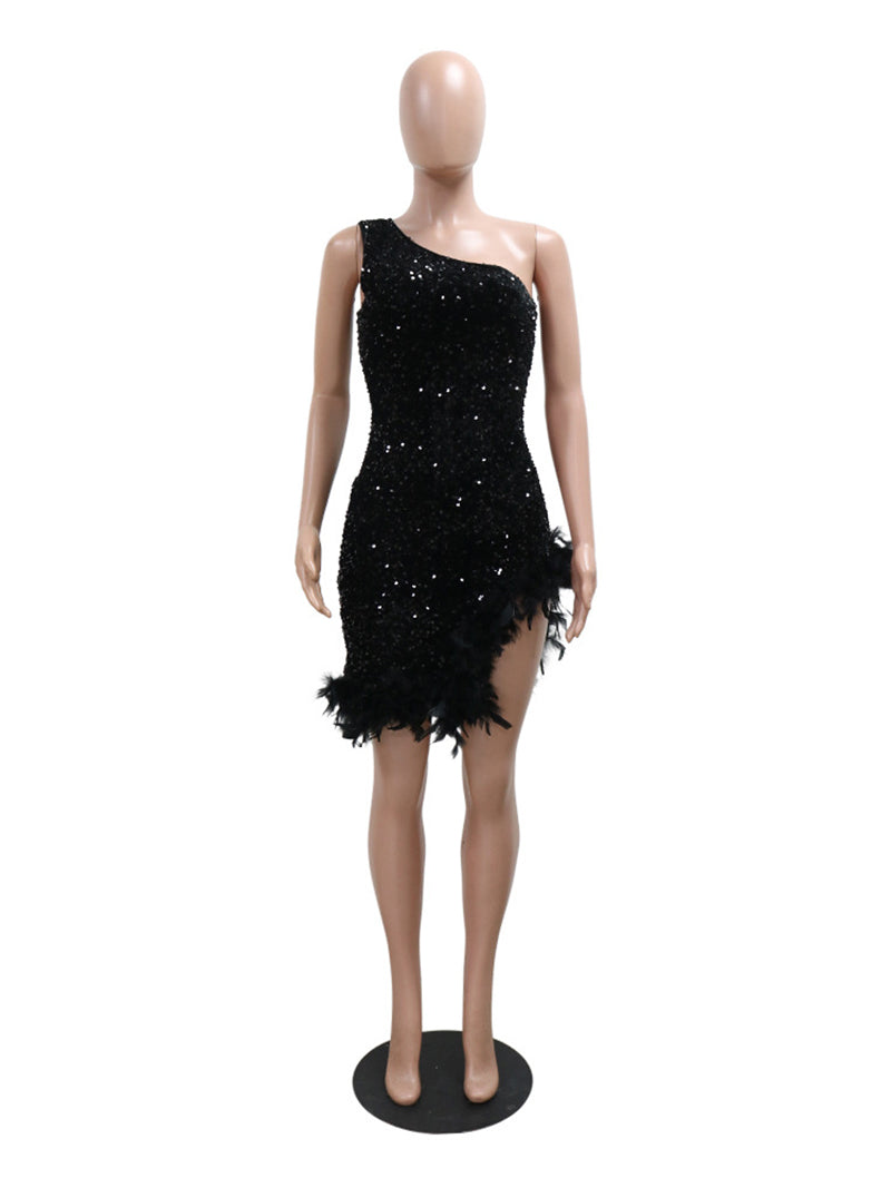 Sequin Slash Shoulder Feather Splicing Mini Dress