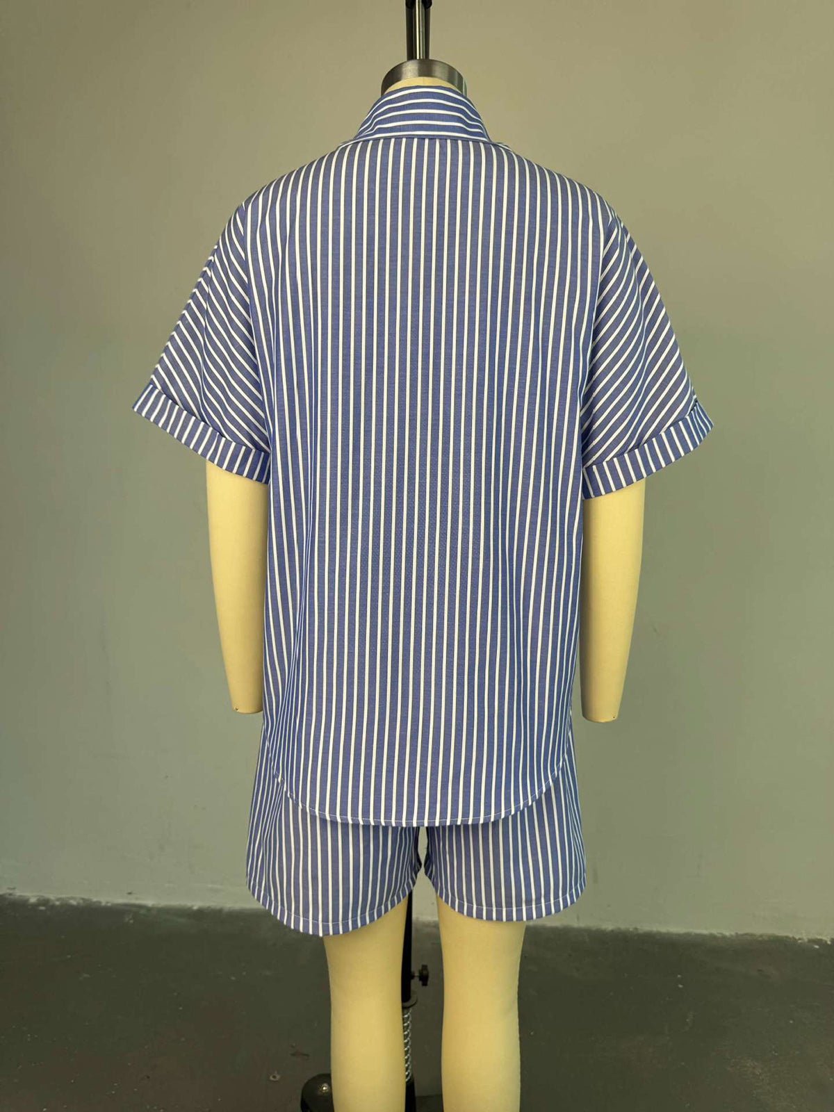 Lapel Stripe Loose Shirt Shorts Casual Set