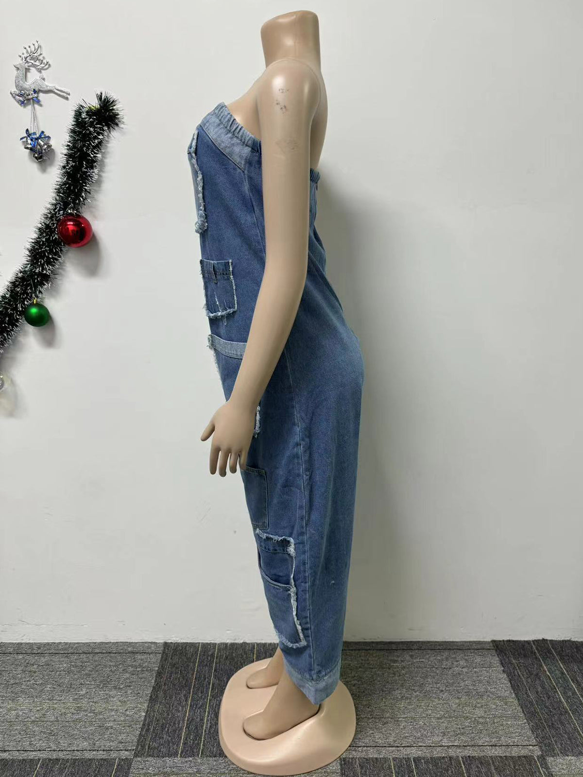 Strapless Cargo Denim Loose Jumpsuit