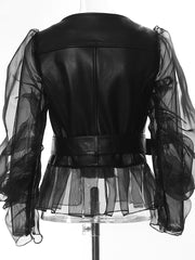 Mesh Patchwork PU Leather Jacket Coat -Boutique