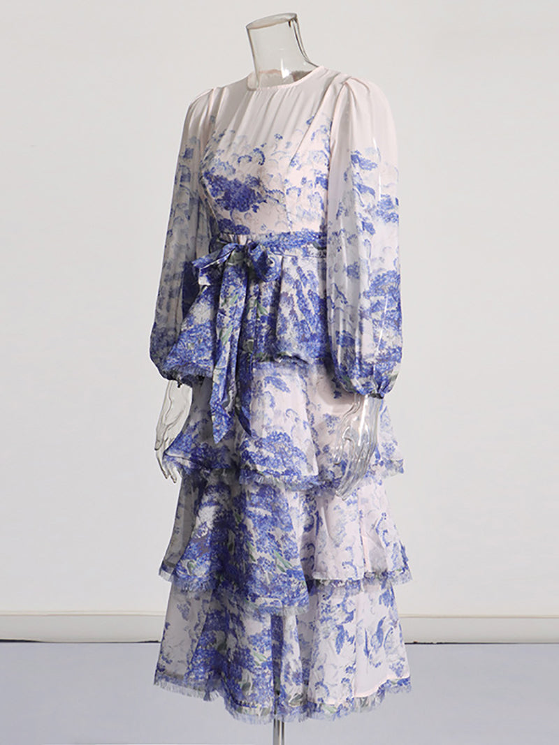 Fashion Round Collar Print Tiered Midi Dress