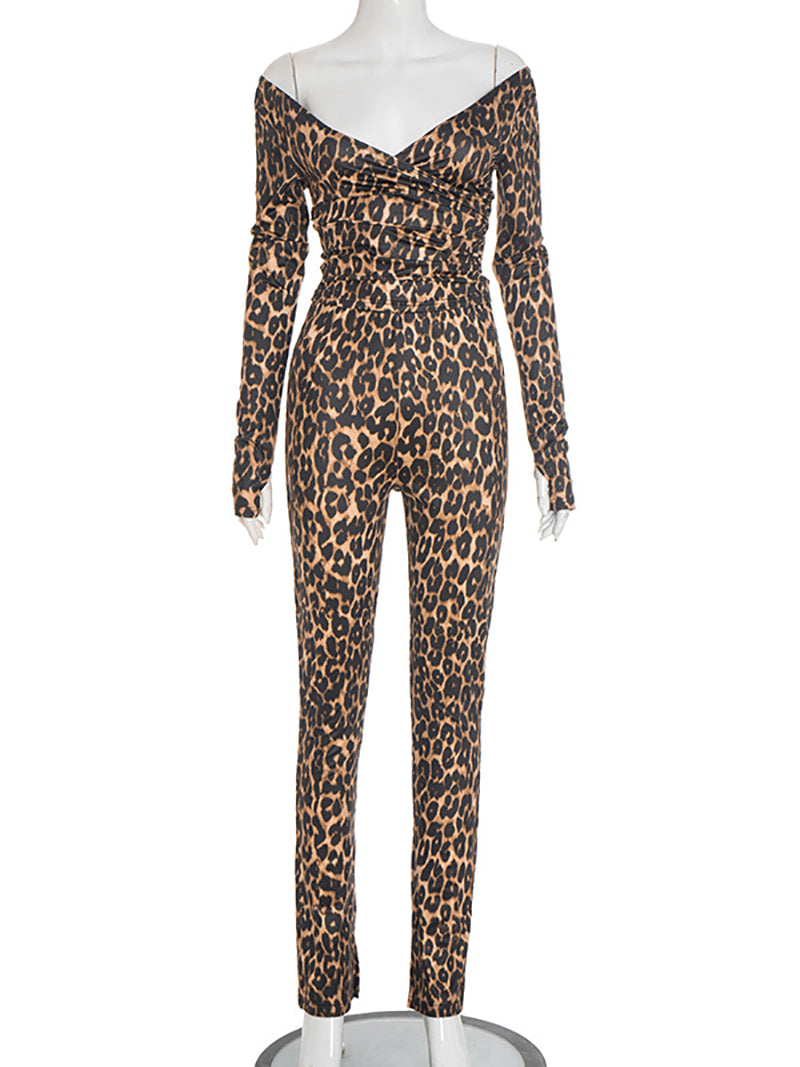 Sexy Off  Shoulder V Neck Leopard Print Skinny Pant Set