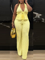 Casual Sleeveless Jacquard Halter Top And Pants Set