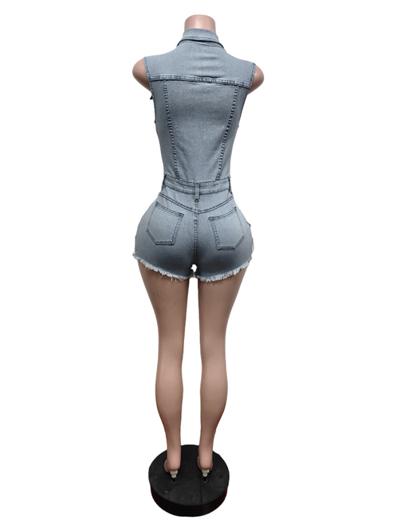 Casual Stretch Sleeveless Denim Cargo Romper
