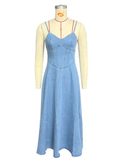 Sleeveless Suspender Pleated Back Denim Midi Dress