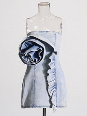 Sexy Strapless Flower Detail Denim Dress