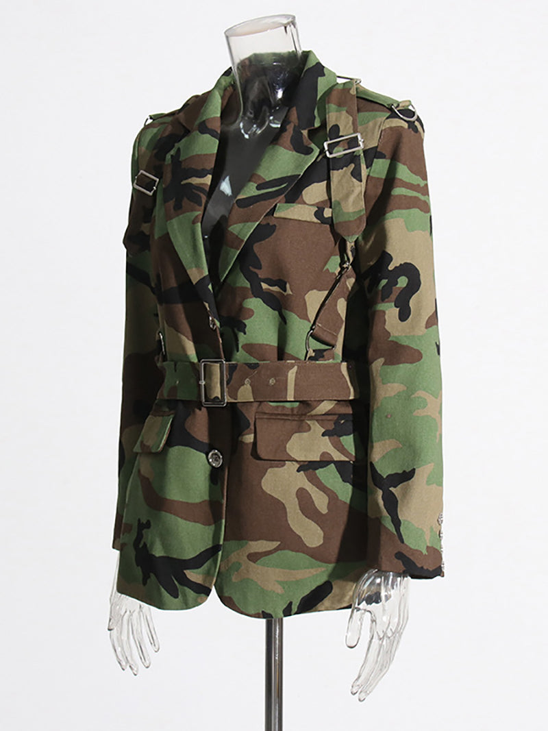 Camo Single Breasted Long Sleeve Ladies Blazer Coat