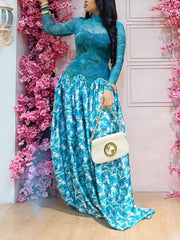 Sexy Sheer Mesh Print Patchwork Pleated Maxi Dress