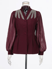 Mesh Patchwork Rhinestone High Waist Trousers Sets