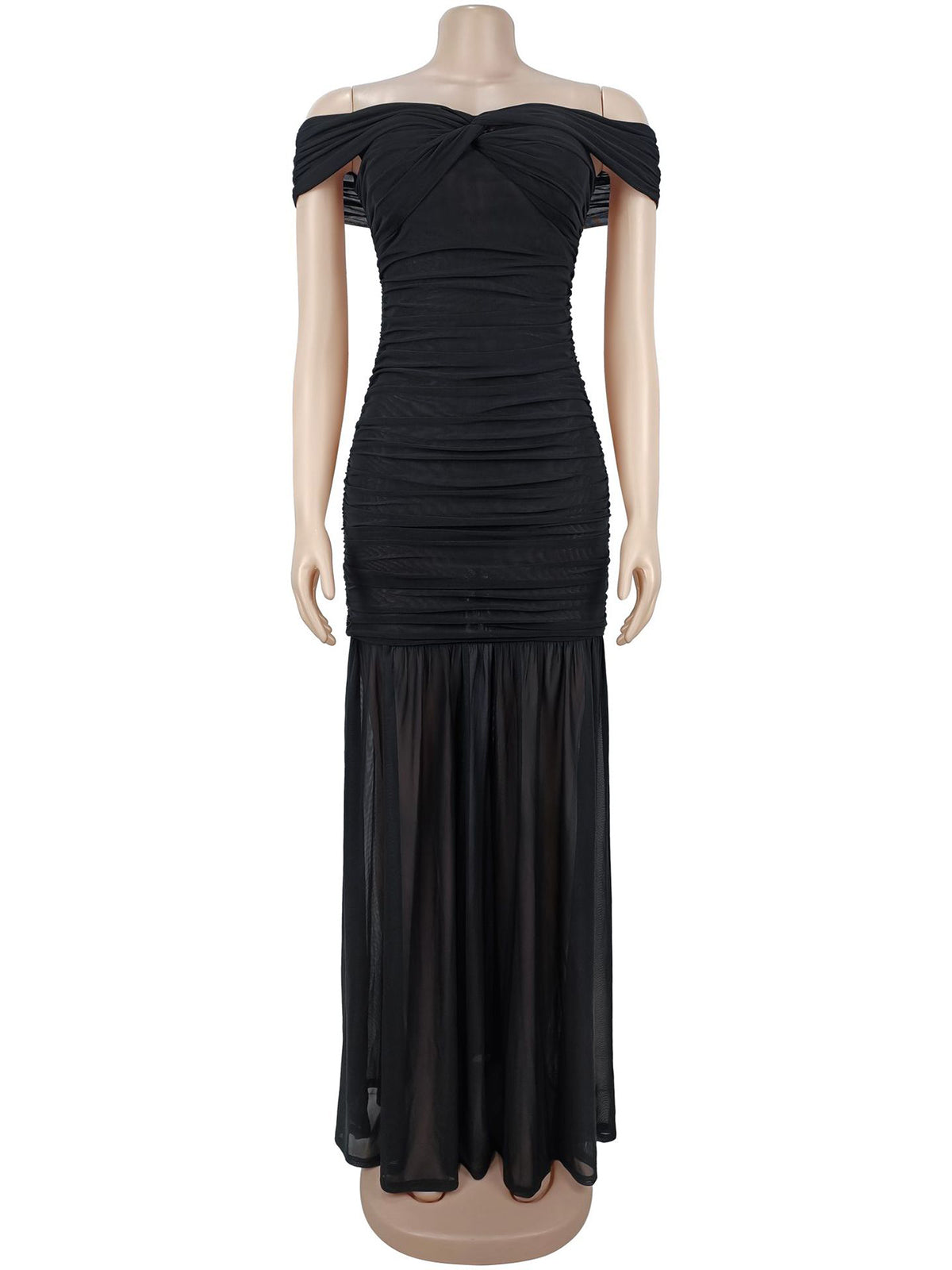 Sexy Off The Shoulder Ruched Mesh Slim Maxi Dress