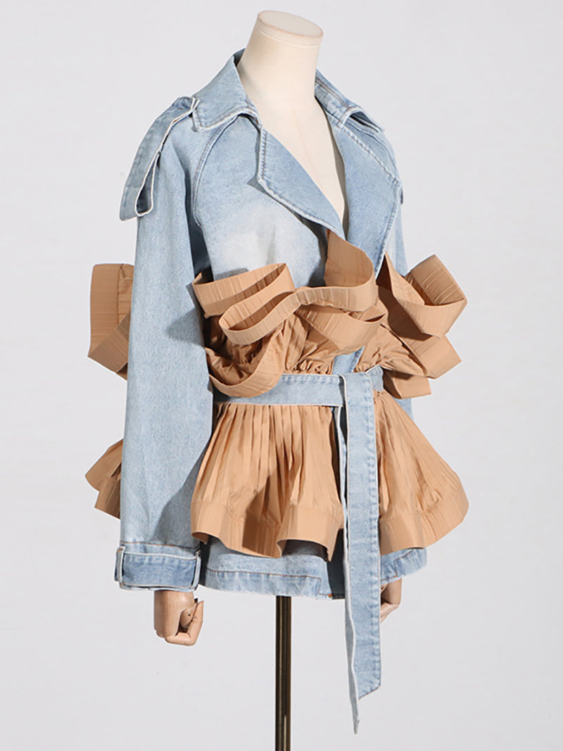 Ruffle Pleated Denim Lace-Up Jacket