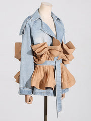 Ruffle Pleated Denim Lace-Up Jacket