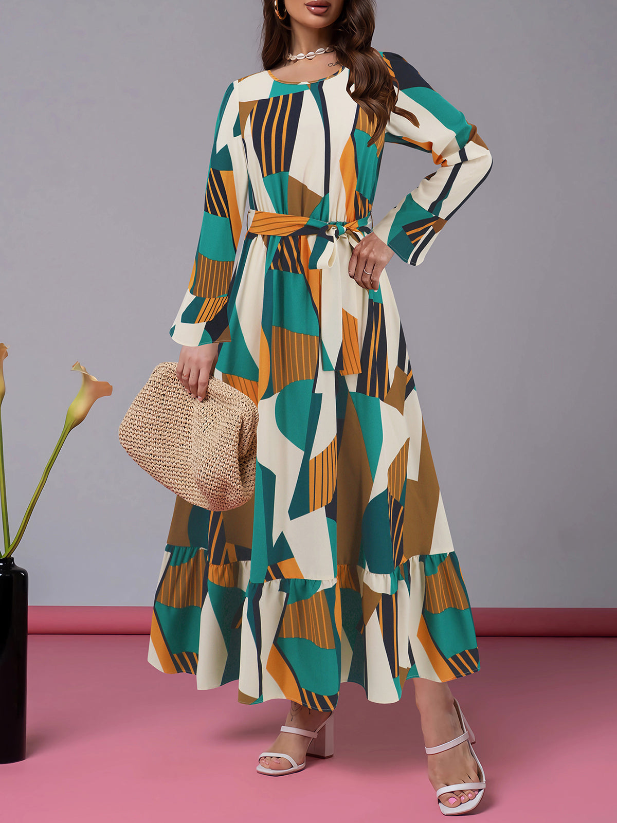 Casual Print Long Sleeve Bandage Midi Dress