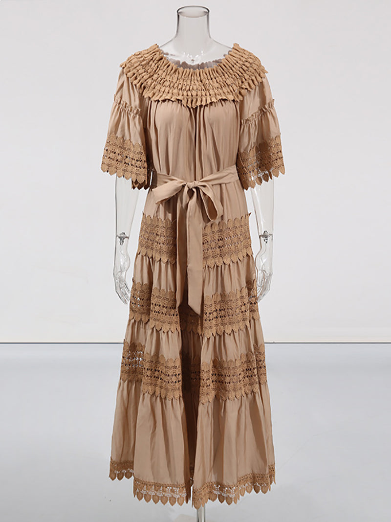 Elegant Embroidery Hollow Out Cinched Waist Maxi Dress
