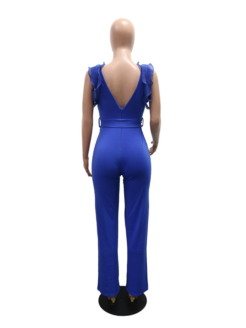 Fashion V Neck Ruffle Bandage Jumpsuit