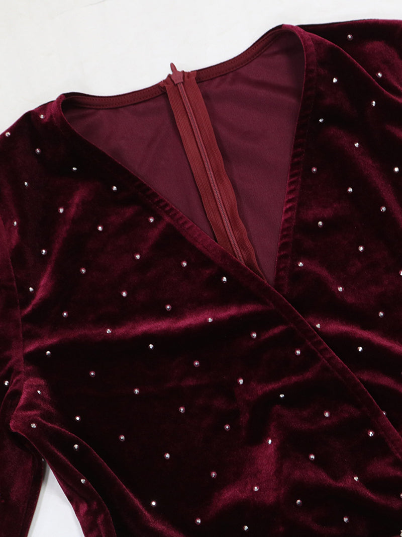 Sexy Rhinestones V Neck Velvet Jumpsuit