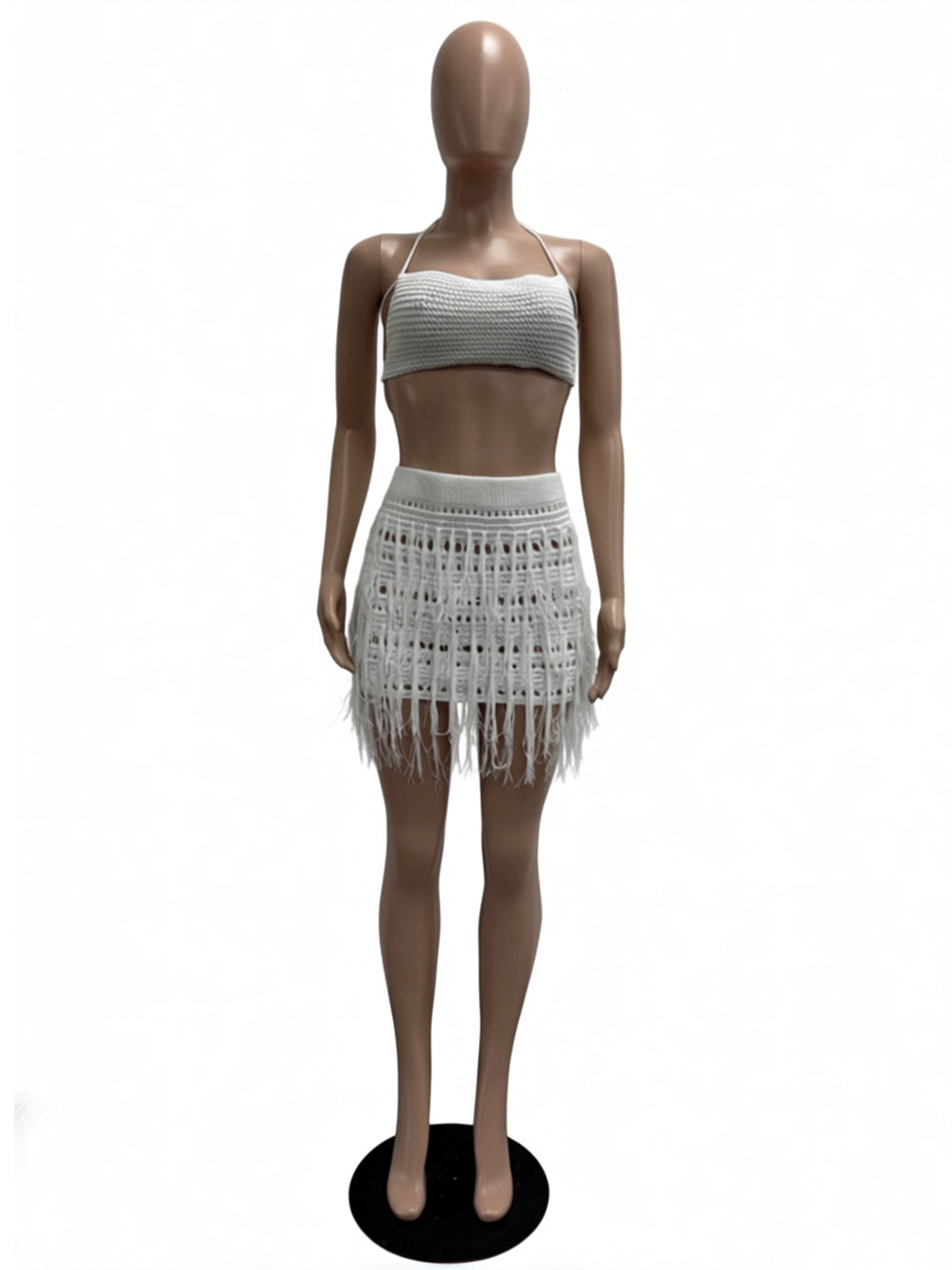 Sexy Crop Top Knit Crochet Tassel Skirt Two Piece Set