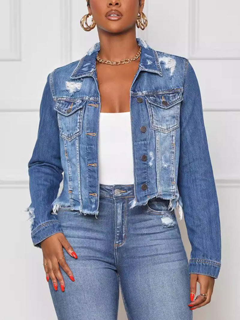 Casual Fringe Button Ripped Denim Jacket