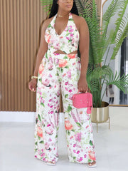 Casual Print Halter Crop Top And Wide Leg Pants Sets