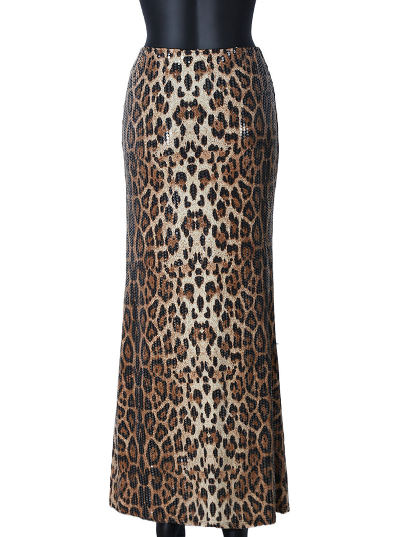 Sexy Leopard Print Sequin Maxi Skirt