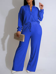 Fashion Rib Shirt Straight Pants Two Pieces Set