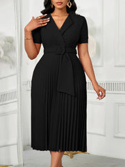 Elegant V Neck Short Sleeve Pleated Midi Dress