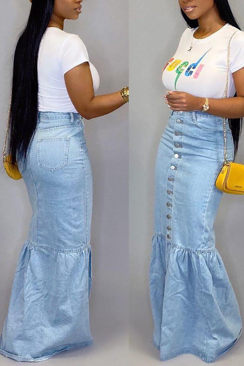 Mermaid Button Denim Long Skirt