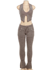 Sexy Knit Backless Vest Trousers Suit