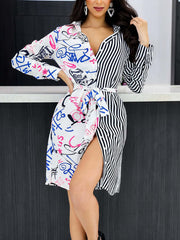 Casual Print Bandage Shirt Dress