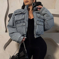 Multi-pocket Denim Puffer Jacket Coat