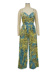 Print Suspenders Pleat Wide leg Jumpsuit