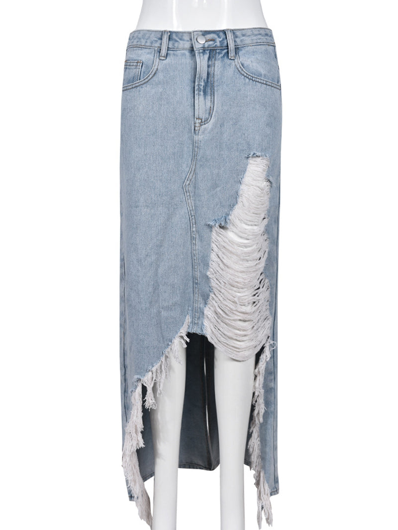 Newest Spring Asymmetry Tassels Denim Skirt