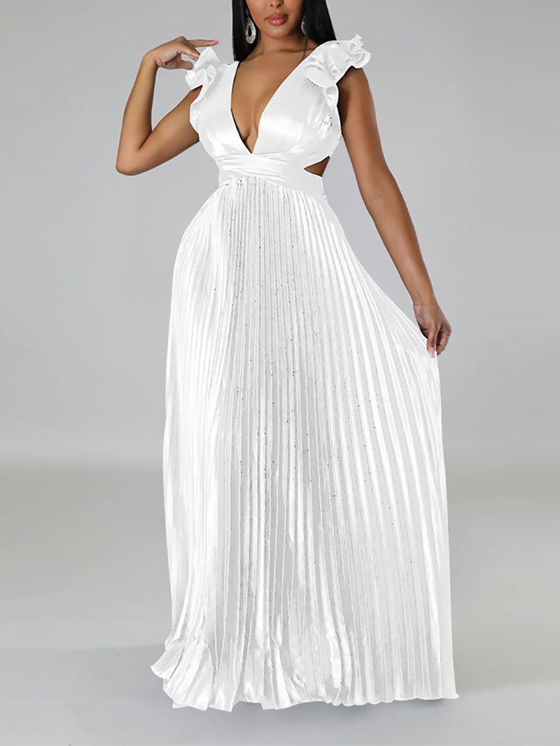 Deep V Backless Slim Pleated Dress