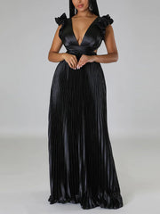 Deep V Backless Slim Pleated Dress