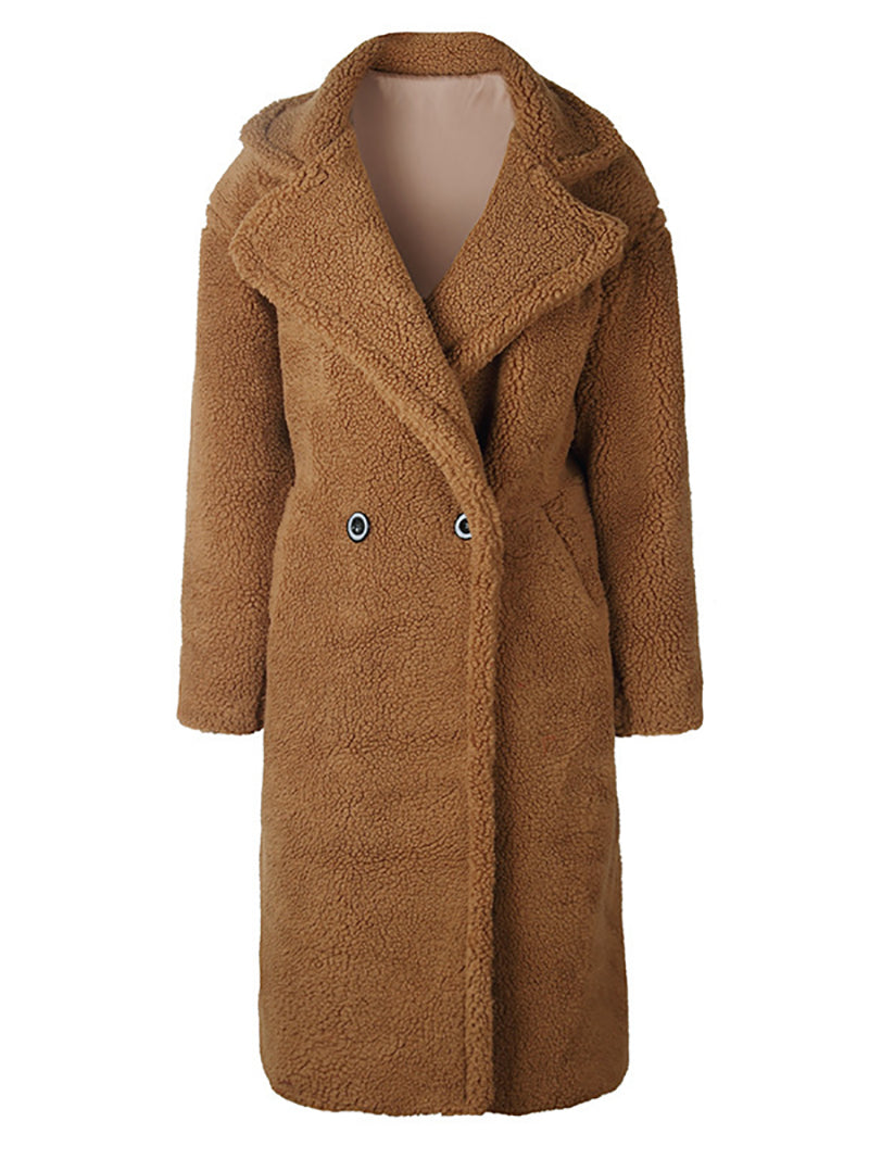 Brown Notched Lapel Long Teddy Overcoat