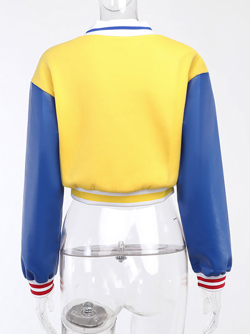 PU Leather Patchwork Baseball Jacket