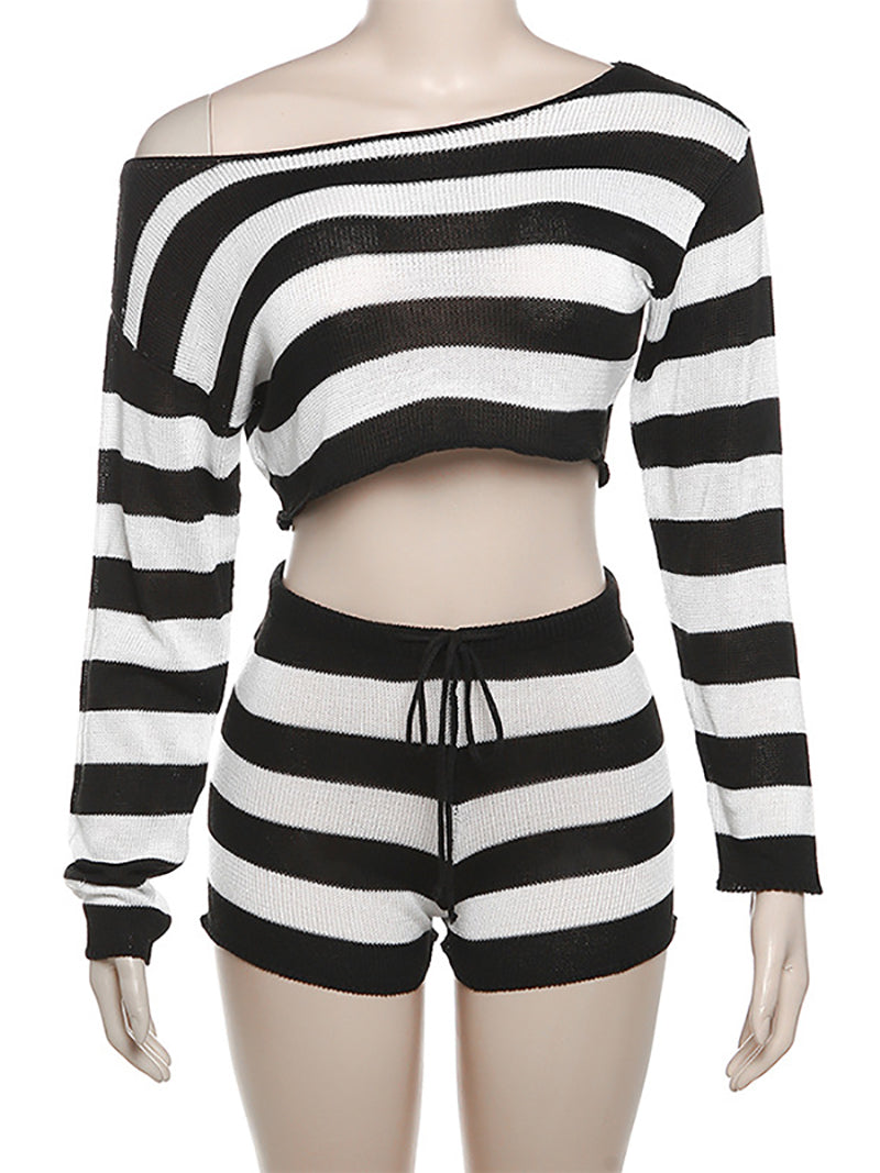 Fashion Stripe Crop top Shorts Suit