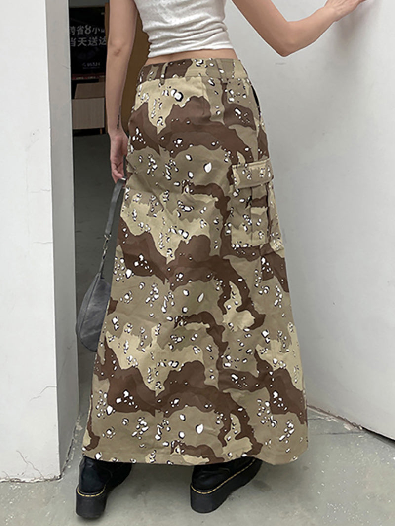 Casual High Slit Camo Cargo Skirt