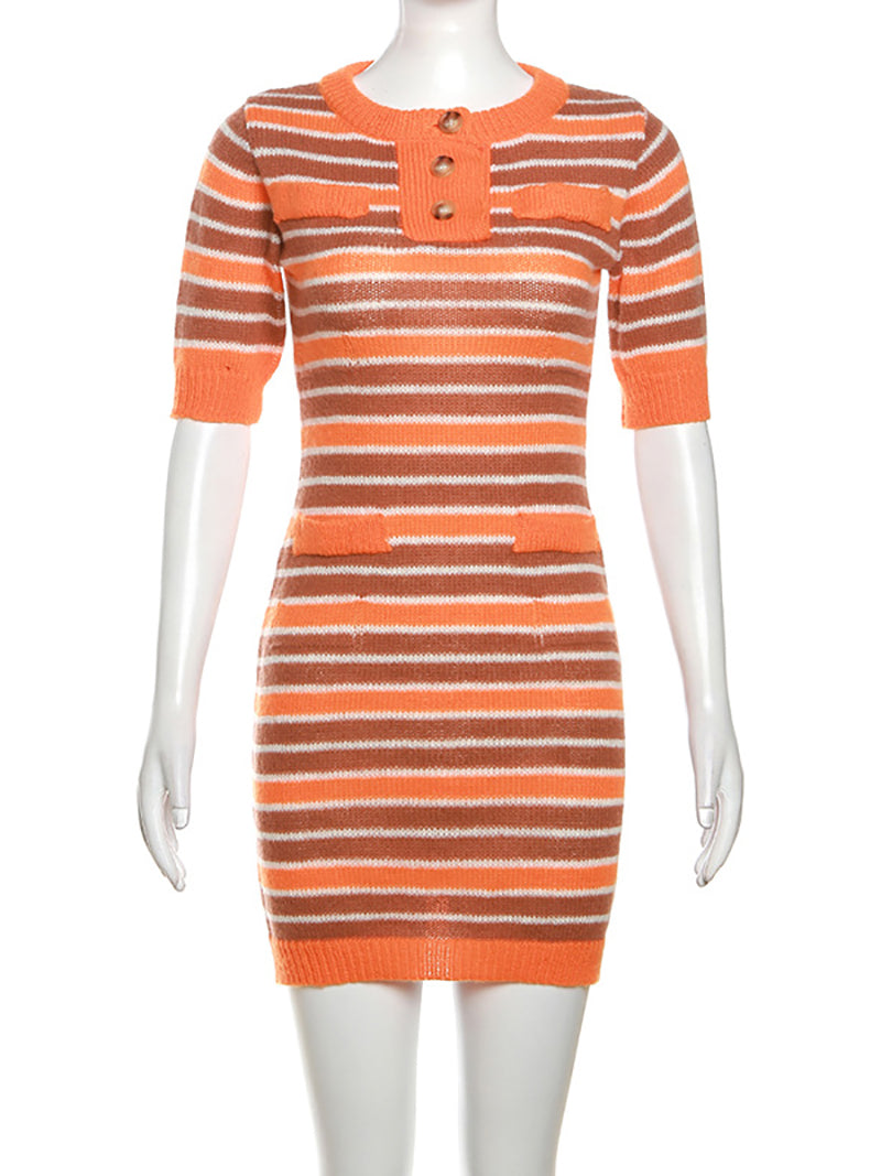 Knit Stripe Bodycon Hip-Wrap Mini Dress