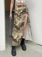 Casual High Slit Camo Cargo Skirt