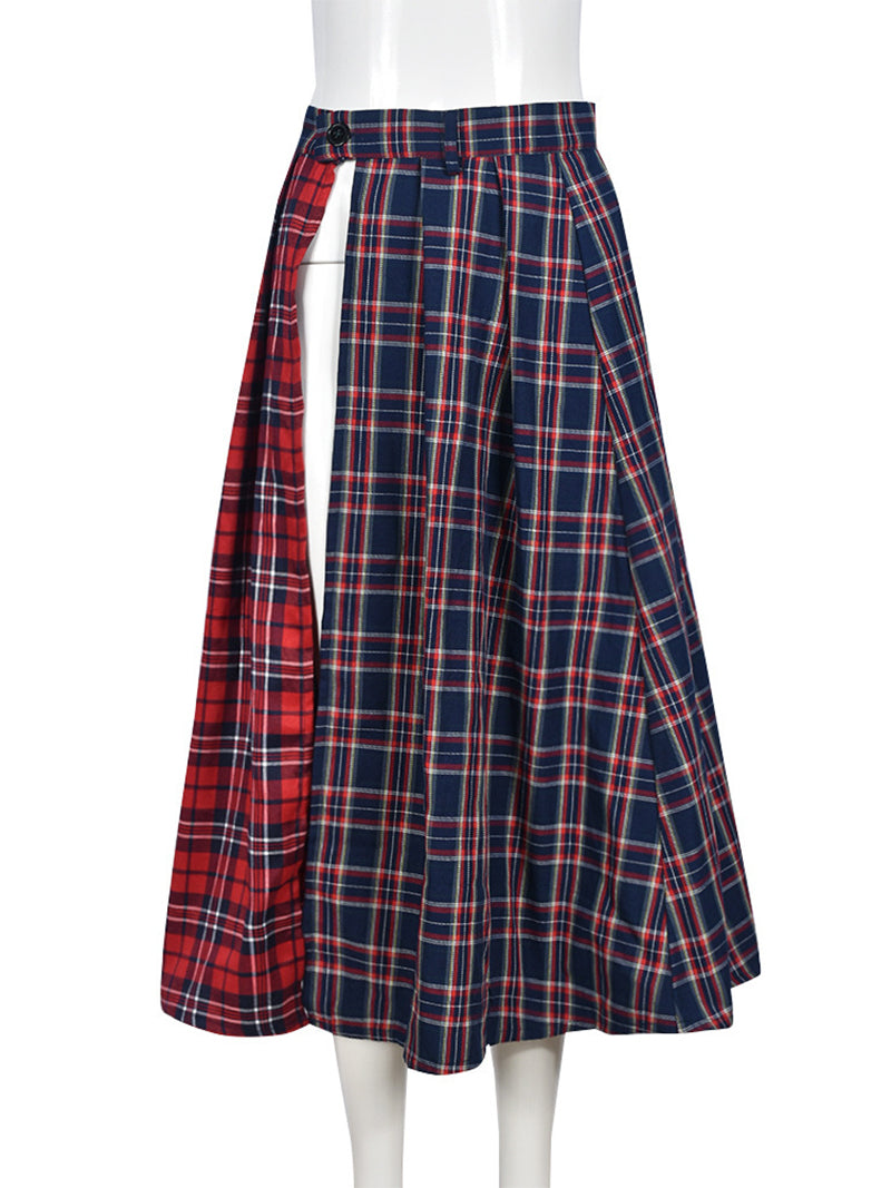 Plaid Patchwork High Slit Skirt