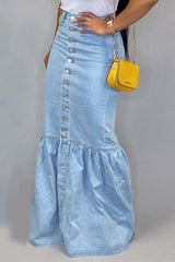 Mermaid Button Denim Long Skirt