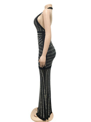 Deep V Backless Rhinestone Club Dress