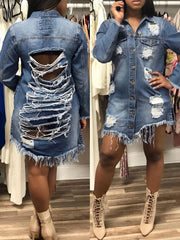 Casual Hollow out Ripped Denim Coat