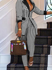 Casual Houndstooth Blazer Suit  Set