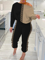 Sloping Shoulder Long Sleeve Casual Set